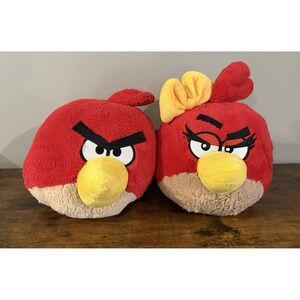 ANGRY BIRDS Red Girl Plush Bird Yellow Bow And Red Guy Plush 7"Commonwealth 2011